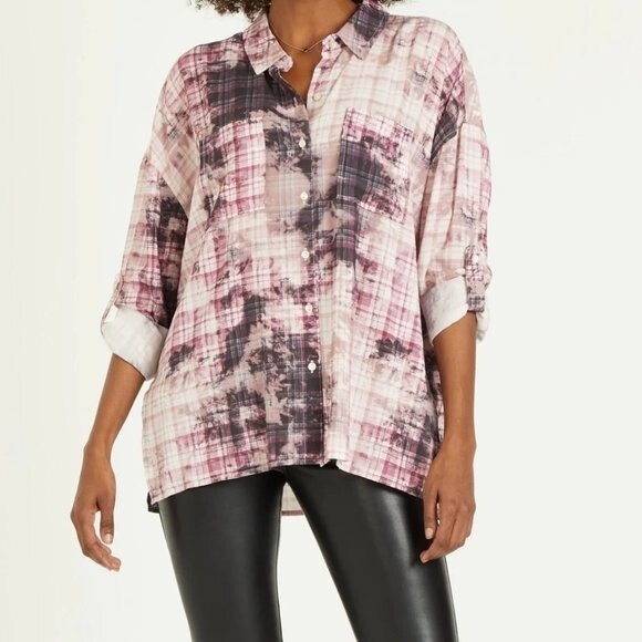 Dear John Arianna Plaid Tie Dye Button Down Roll Tab Sleeves Lightweight Blouse - Picture 2 of 13